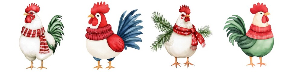 Colorful festive chickens in scarves, isolated on white background.