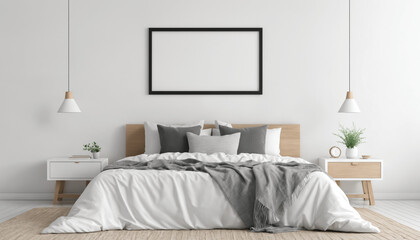 Mock up frame hanging on a white wall with minimal decoration in bedroom interior background
