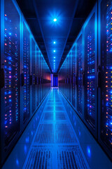 Obraz premium A virtual data center with cloud servers processing information at high speed,