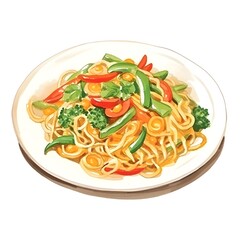Delectable Watercolor of a Stir-Fried Noodle Dish with Vibrant Vegetables on a Plate