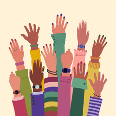 Many diverse multiracial hands raised up. Team cooperation and communication. International community. Hand drawn vector vector illustration isolated on light background, flat cartoon style.