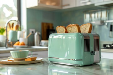 Stylish toaster pops up bread slices in a modern kitchen, filling the room with the aroma of breakfast. Teal and turquoise accents create a welcoming atmosphere for a morning meal at home