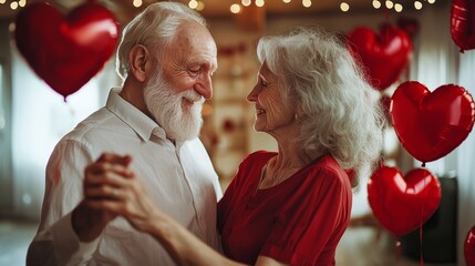Elderly couple dancing joyfully among red heart balloons in a warm, lovingly decorated room.