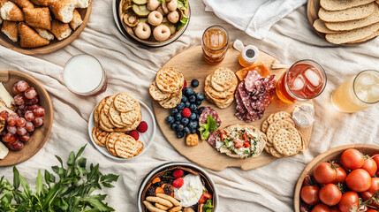 Fototapeta premium Variety of delicious snacks and drinks on a table with a cozy setting.