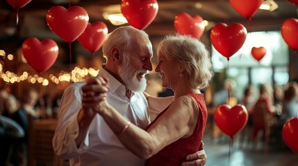 Elderly couple dancing joyfully among red heart balloons in a warm, lovingly decorated room.