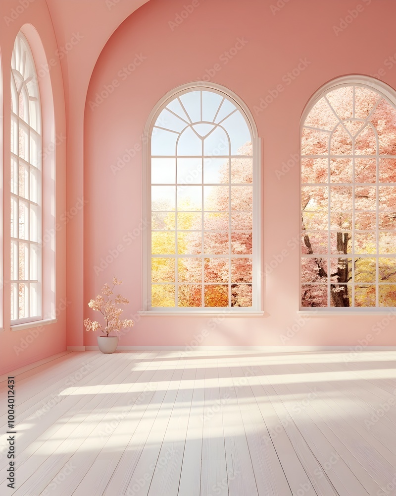 Poster elegant and serene 3d studio room with pale pink walls hardwood floor and gentle shadow patterns fro