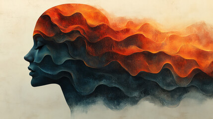 Fototapeta premium A simple illustration of a head with abstract calming waves, isolated on a pastel canvas,