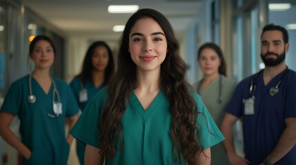 Fototapeta premium A determined young nursing intern in scrubs stands alongside her diverse hospital team in a brightly lit ward, representing the next generation of healthcare professionals.