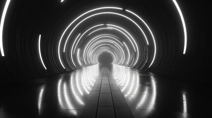 Obraz premium A surreal scene of mirrors reflecting each other in an endless loop, with light beams creating a tunnel effect that draws the viewer's eye into the infinite reflections.