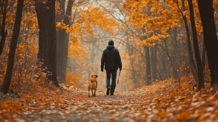 Man and Dog Walking Through a Path of Fallen Leaves in an Autumn Forest