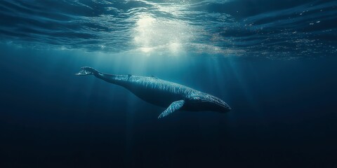 Fototapeta premium A tranquil image of a blue whale gracefully swimming through the deep ocean, illuminated by gentle sunlight from above, capturing the essence of marine life and serenity.