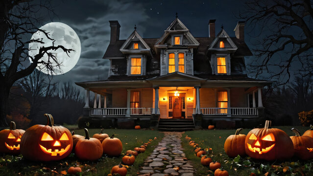 old house with pumpkins in front, hellowen night
