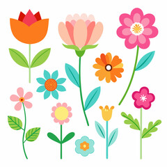 A collection of colorful, stylized flowers, perfect for adding a touch of whimsy and cheer to your designs. These bright and cheerful graphics are ideal for greeting cards, invitations, patterns.