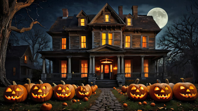 old house with pumpkins in front, hellowen night