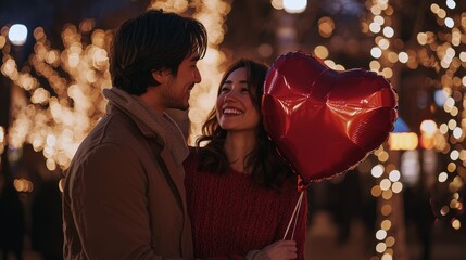 Couple sharing a tender moment, holding a red heart balloon in a romantically lit ambiance.