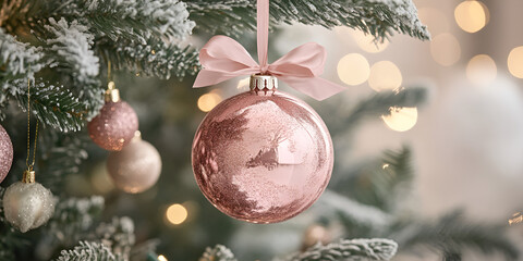 Pink Christmas Bauble Hanging from Snowy Tree