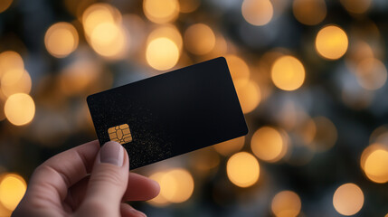 A close-up of a hand showcasing a black credit card with an elegant, golden blurry background, radiating the warmth and joy of the holiday shopping season, especially for Black Fri
