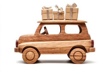 Wooden Car with Gift Boxes on a Isolated on White Background