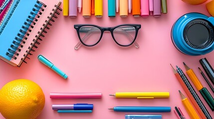 a group of school supplies on a pink surface

