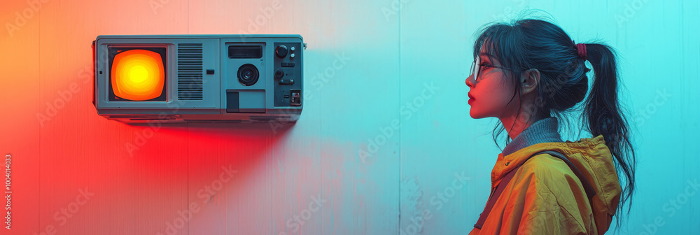 Poster a digital projector displaying slides onto a screen, isolated on a pastel backdrop,