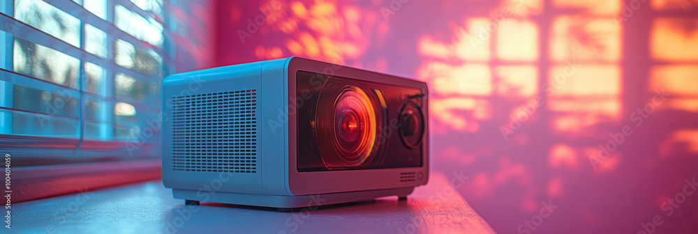 Poster A digital projector displaying slides onto a screen, isolated on a pastel backdrop,