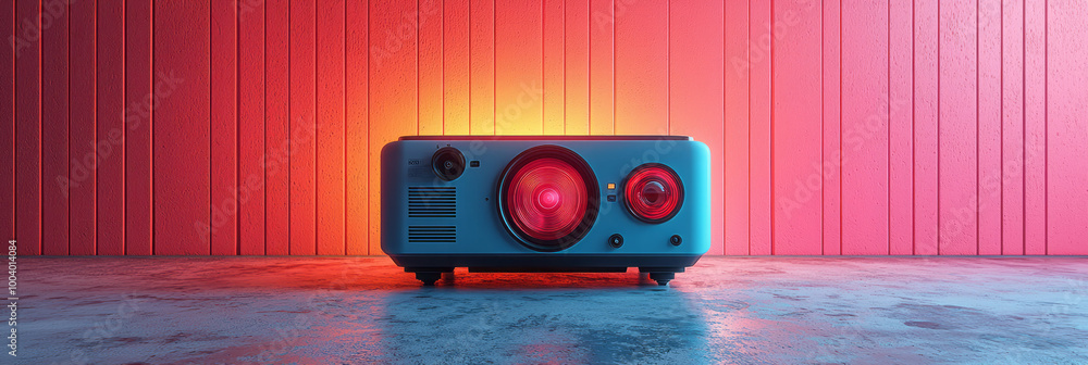 Poster a digital projector displaying slides onto a screen, isolated on a pastel backdrop,