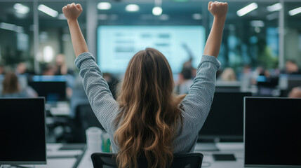 A triumphant young woman seen from behind, raising her arms in celebration, while the rest of the conference room is filled with employees working on computers, reacting to a thril
