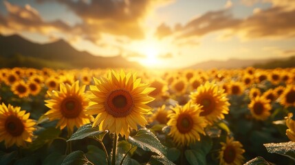 Fototapeta premium A vast circular field of sunflowers all facing the glowing morning sun, dewdrops glistening on petals as the warm light spreads across the horizon