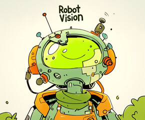 illustration for robot vision, a technology that enables a robot to “see.” Playful cartoon illustration.