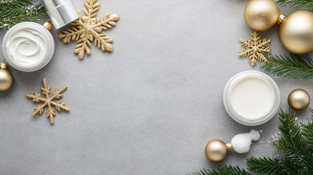 Two jars of luxurious face cream and a serum bottle are artistically arranged with golden decorations, creating an elegant holiday-themed display on a gray stone surface
