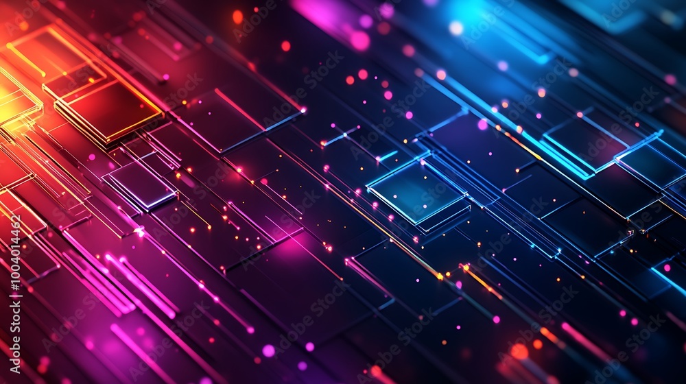 Poster abstract digital background with glowing lines and squares.