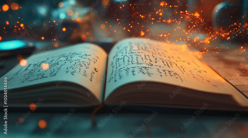 Aufkleber a scientistâ€™s notepad with handwritten equations, floating on a light pastel surface,