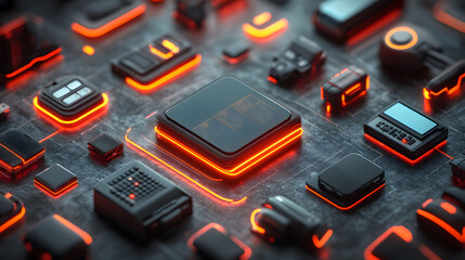 Futuristic Cyber Monday sales banner with glowing tech devices, virtual discounts, and a digital world theme