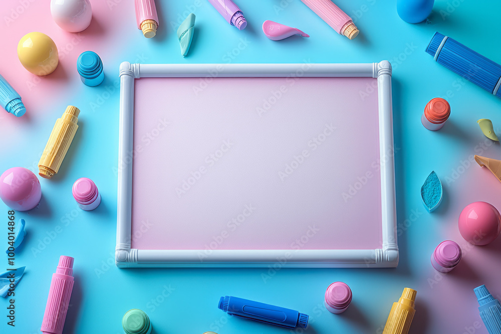 Poster a whiteboard with colored markers and an eraser, floating on a soft pastel gradient,