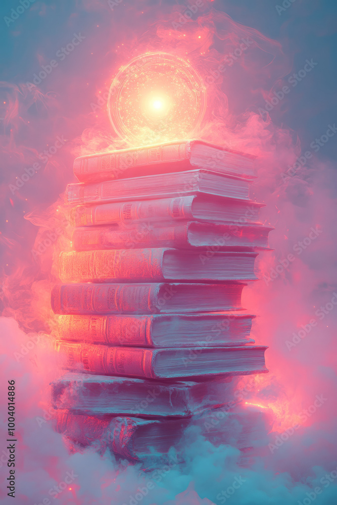 Poster a stack of open books with a glowing bookmark, symbolizing self-study, floating on a pastel backgrou