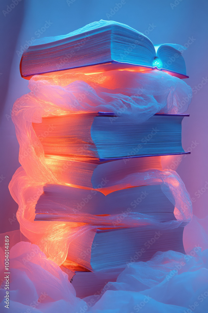 Aufkleber a stack of open books with a glowing bookmark, symbolizing self-study, floating on a pastel backgrou