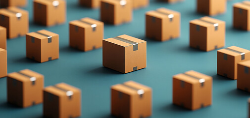 Numerous delivery boxes arranged in a grid on a blue background.