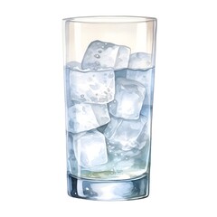 Watercolor of Tall Glass with Ice Cubes on White Background