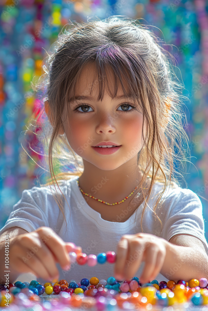 Poster a set of counting beads and a childâ€™s hand learning numbers, isolated on a pastel canvas,