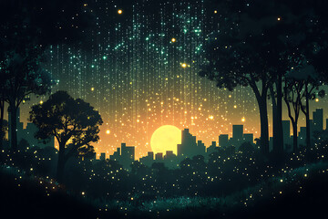 Fototapeta premium illustration featuring a city background with digital abstract technology and space for titles. Includes modern line design elements for tech-themed projects. 