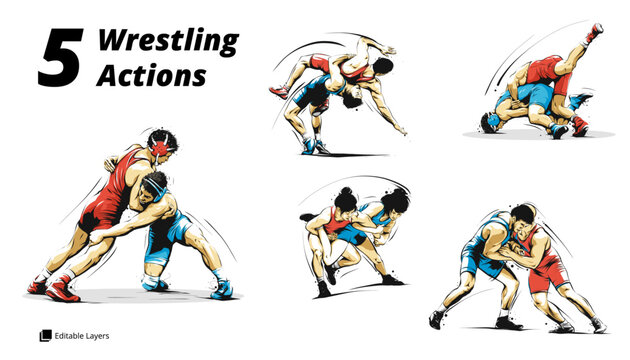 Dynamic Set of Wrestling Actions: A Vector Illustration Featuring Various Combat and Grappling Techniques. Editable Layers for Customization in Wrestling Moves and Combat Sports Artwork