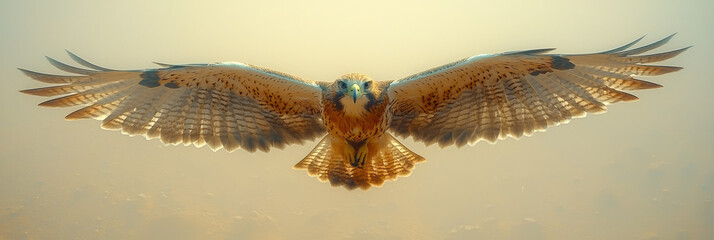 Fototapeta premium A hawk diving towards its prey, wings streamlined, floating on a pastel backdrop,