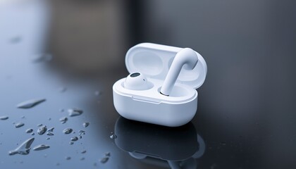 White wireless earphones in a charging case, reflected on a wet surface.

