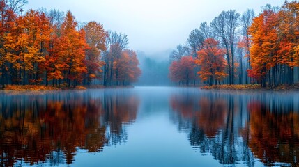 Fototapeta premium Serene nature scene with thick fog hanging over a calm lake surrounded by autumn-colored trees