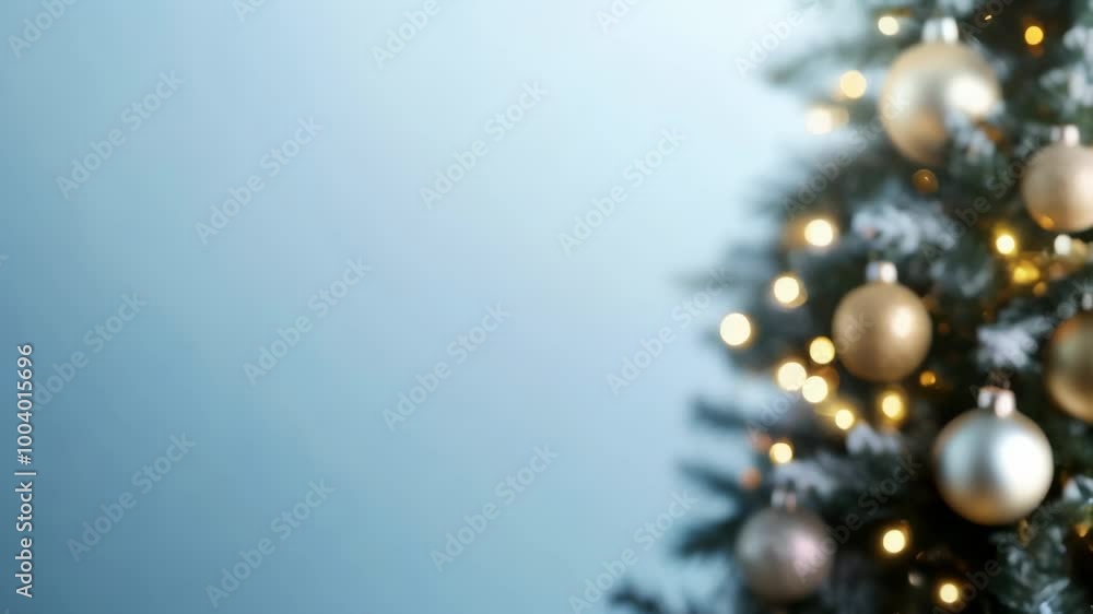 Poster christmas tree decorated with golden and silver baubles and warm lights is standing in front of a bl