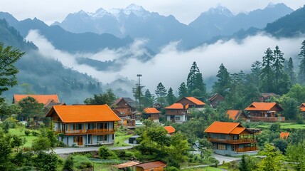 Fototapeta premium Dense fog covers a mountain village at dawn with scattered homes emerging through the misty atmosphere