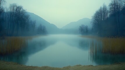 Obraz premium Foggy riverbank with tall reeds and a distant mountain range barely visible through the mist