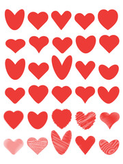 Big set of red hearts of different shapes on a white isolated background. Design elements for Valentine's Day, websites, wedding. Vector.
