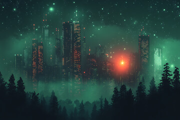 Fototapeta premium illustration featuring a city background with digital abstract technology and space for titles. Includes modern line design elements for tech-themed projects. 