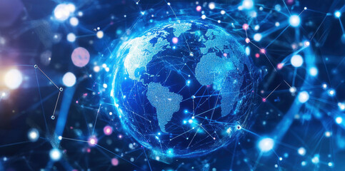 Obraz premium Digital blue earth with glowing network connections on a starry background celebrating world earth day concept